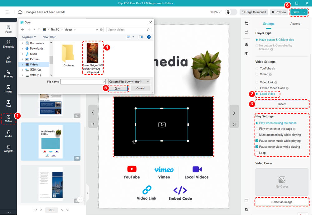 Flip PDF Plus Pro editor showing the steps to select Local Video, insert a local file, open it, and save.