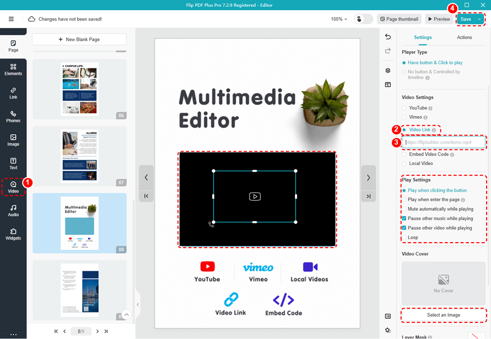 Flip PDF Plus Pro editor with the Video tool, Video Link option, direct MP4 URL field, and Save button marked.