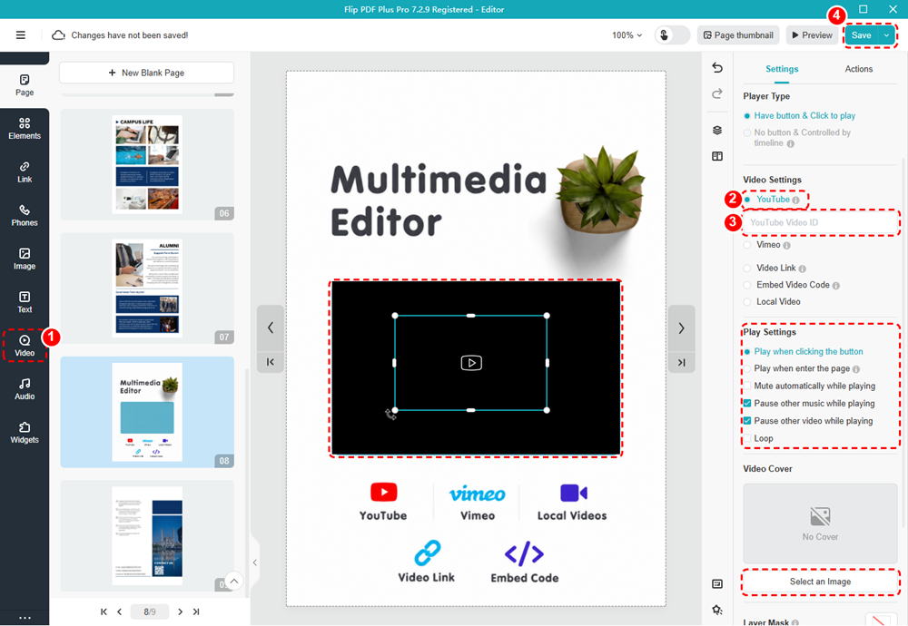 Flip PDF Plus Pro editor with the Video tool, YouTube option, YouTube Video ID field, and Save button marked.